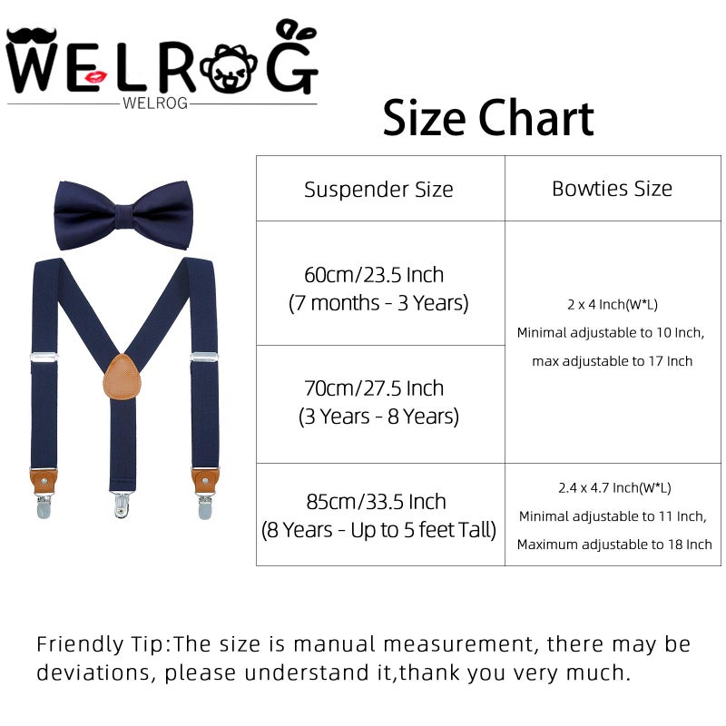 WELROG Child Boys Adjustable Silk Bowties & Suspender Sets Y Back Metal Clips Genuine Leather Suspenders (Navy blue + Navy blue bowtie) - Image 3